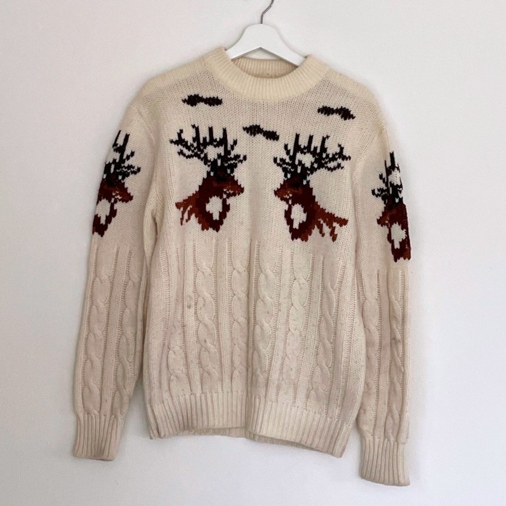 Vintage SILTON CALIFORNIA Cream Cable Knit Reindeer Fair Isle Sweater Pullover